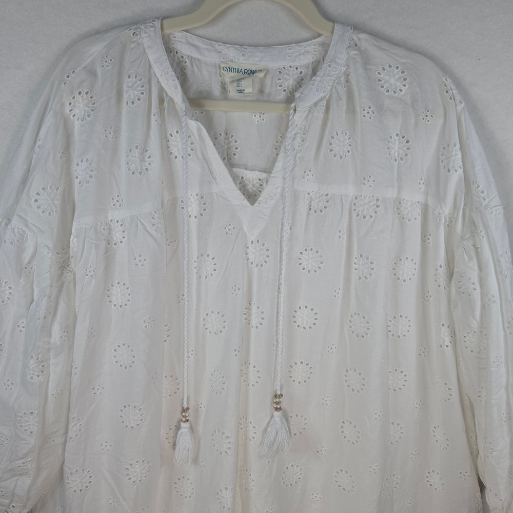Cynthia Rowley White Eyelet Tunic Top Tassel Fringe Cotton Blouse Large - Picture 5 of 9